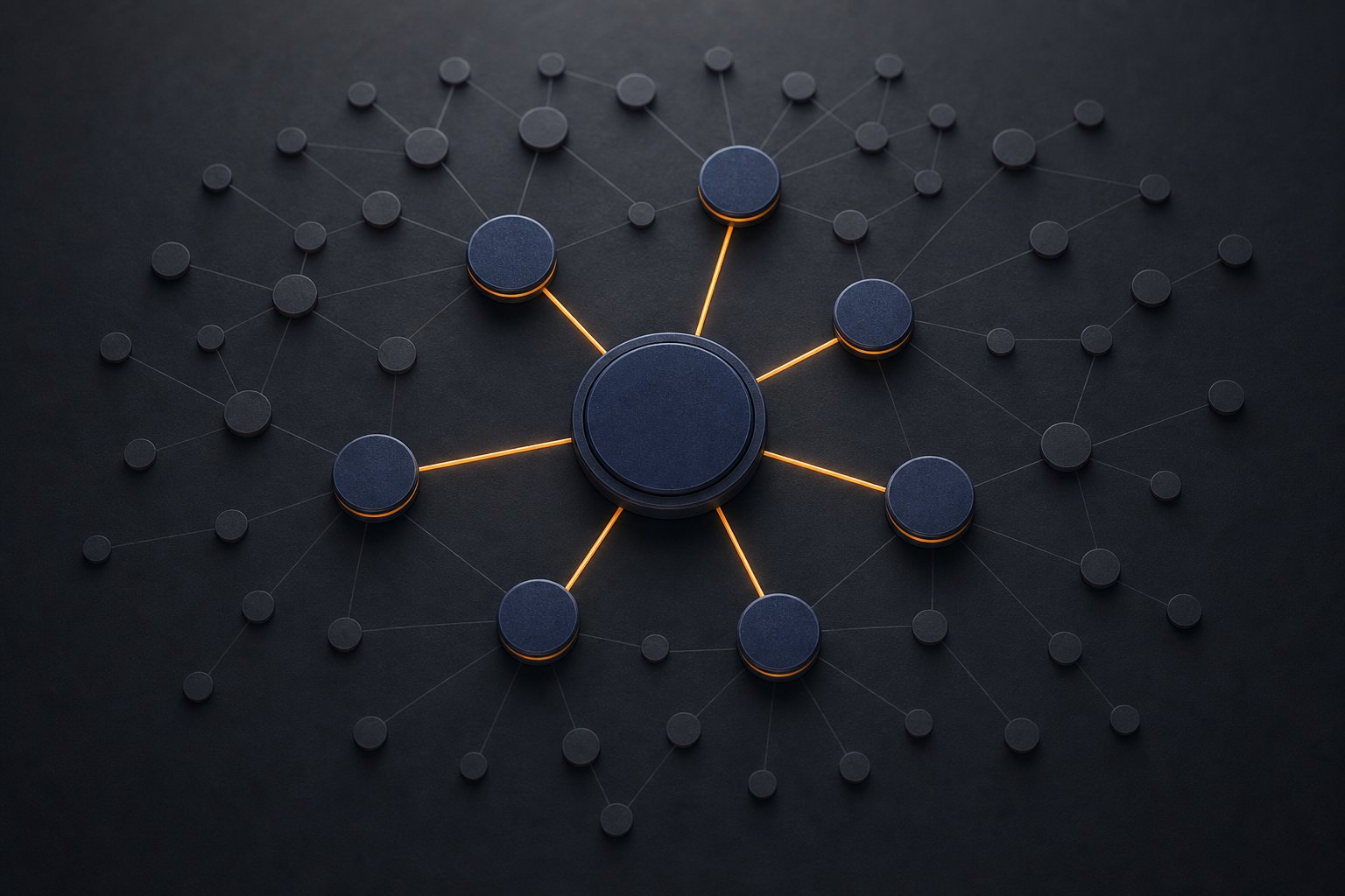 Netwerkdiagram van een linkprofiel: een centrale website met enkele sterke relevante backlinks en veel dunne, vervaagde bulk-links