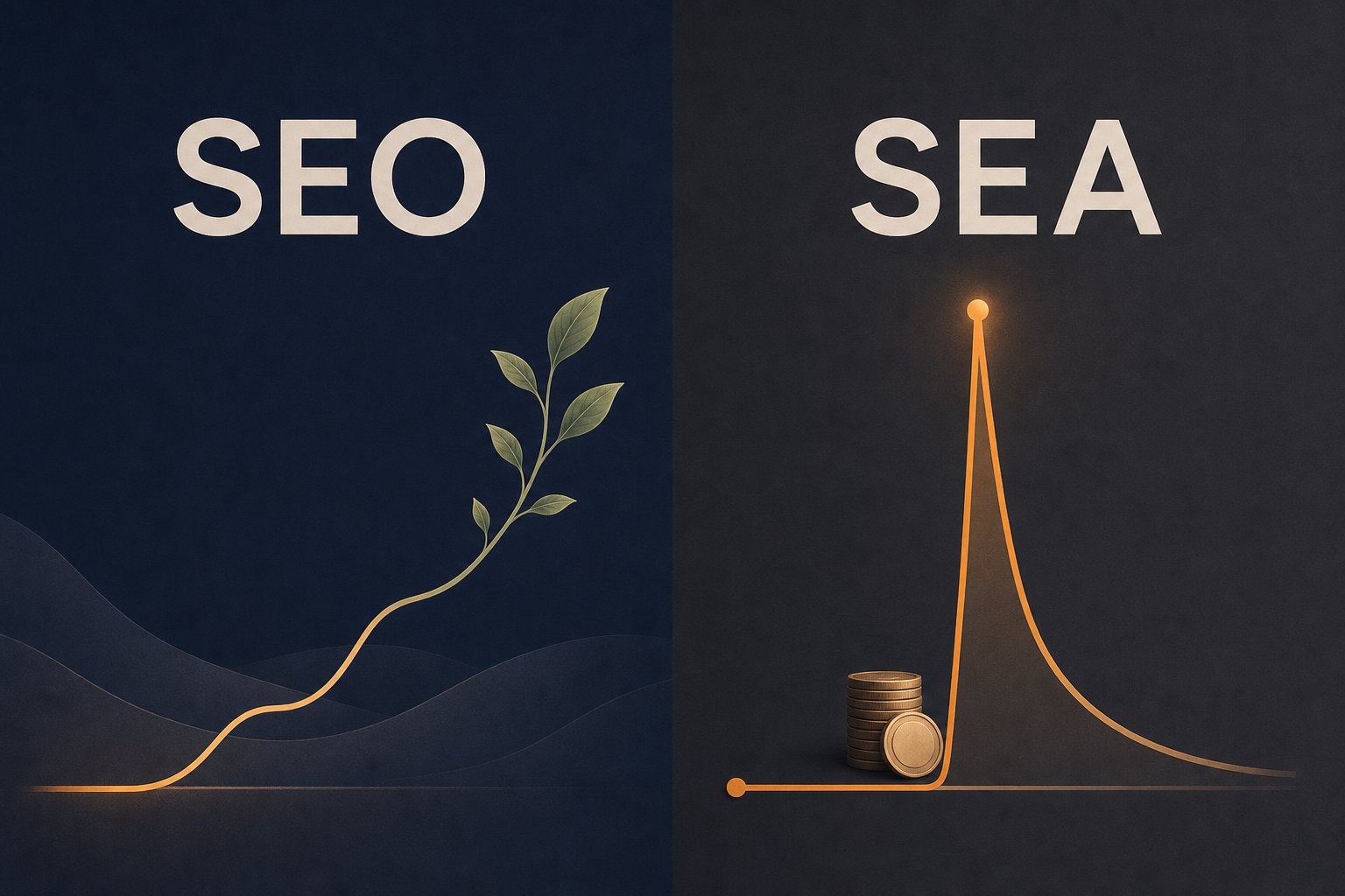 Vergelijking van SEO en SEA: links een gestage organische groeicurve, rechts een directe maar aflopende advertentiepiek met muntstapel