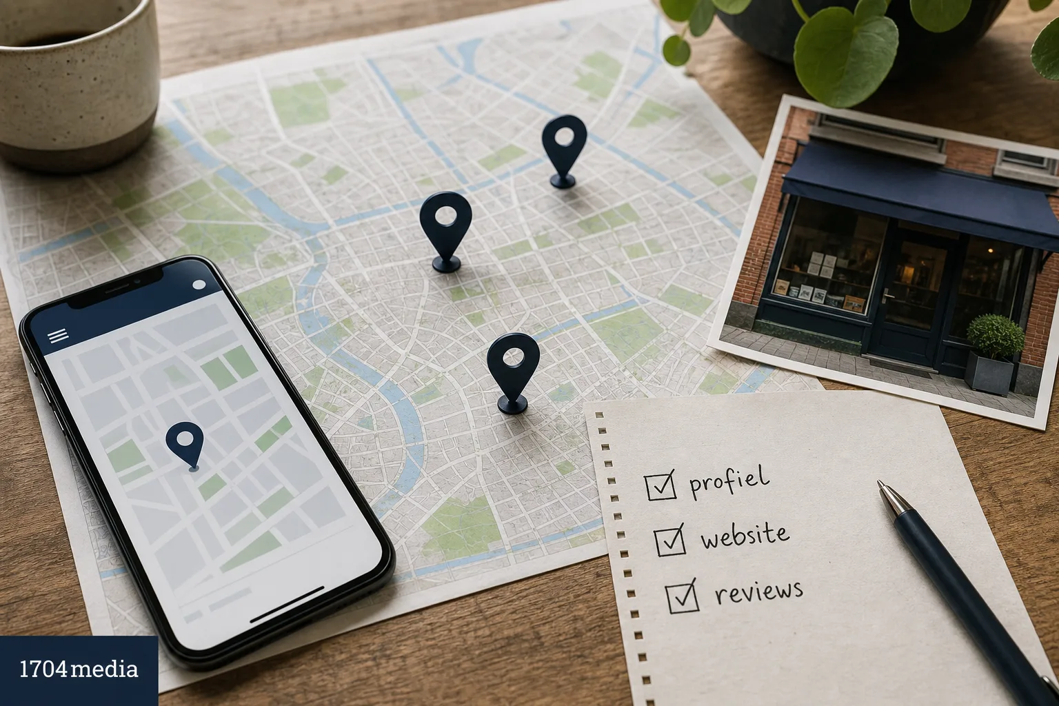 Lokale SEO-planning met een kaart, bedrijfsprofiel, website en reviews
