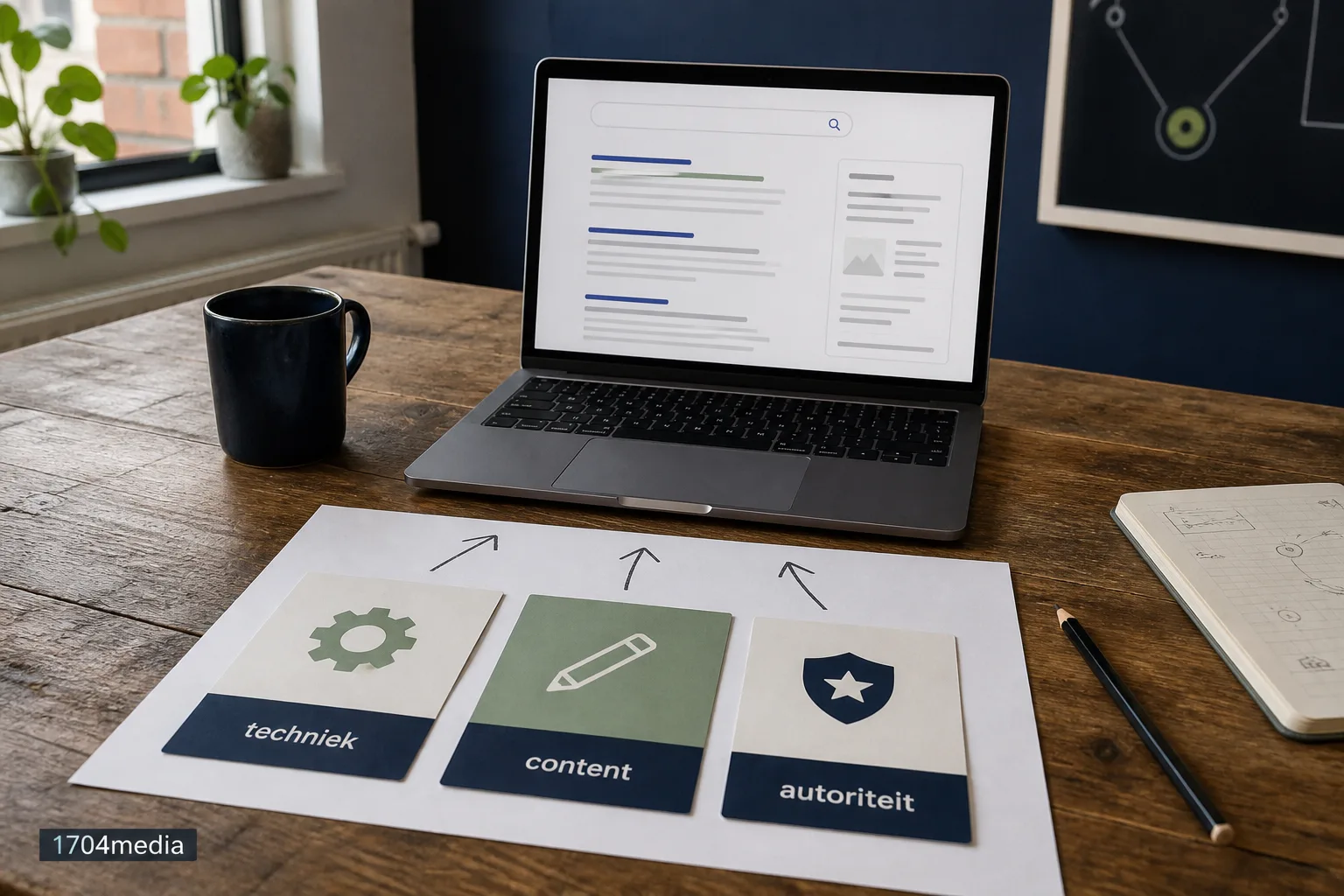Drie onderdelen van SEO op een werktafel: techniek, content en autoriteit