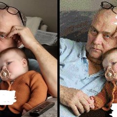 Foto van een opa met kleinkind naast dezelfde foto als diamond painting-layout van 50 cm